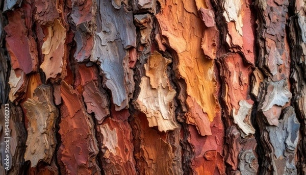 Fototapeta Colorful Tree Bark Texture: Close-up macro of vibrant, textured pine bark.