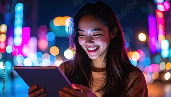 Fototapeta Smiling Woman Using Tablet at Night: Engaging with device in vibrant city lights.