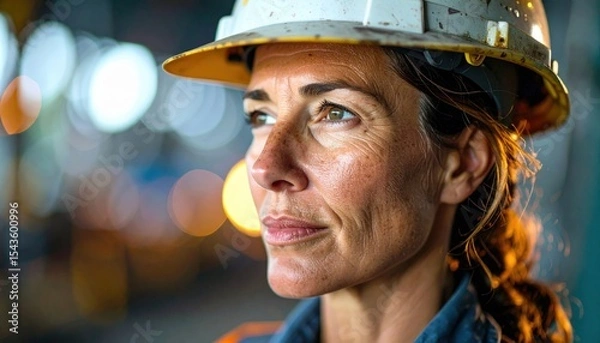 Fototapeta Female Worker in Safety Helmet: Confident female professional wearing a safety helmet in an industrial setting.