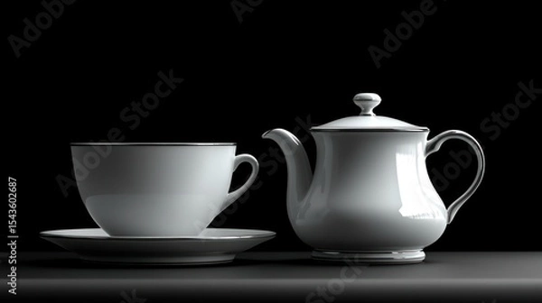 Obraz Elegant white tea set on dark background