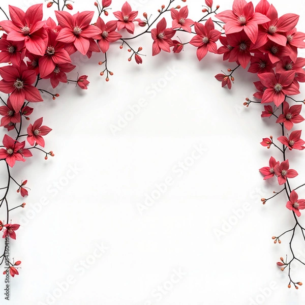 Obraz Floral frame in romantic style with deep red roses and ivy in white tones for invitations and celebrations [with copy space]