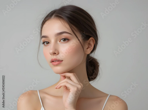 Fototapeta Elegant portrait of a young woman with flawless skin and soft makeup.