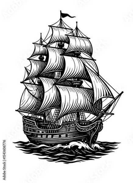 Fototapeta Elegant black and white vector illustration of a vintage sailing ship with intricate detailing on the sails and hull