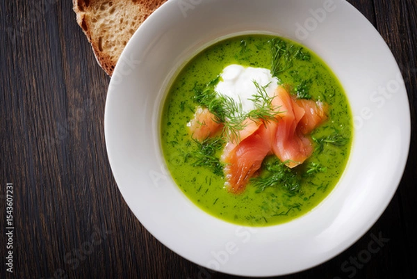 Fototapeta Sorrel soup with smoked salmon and sour cream