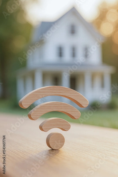 Obraz Wooden WiFi Symbol and Blurred House