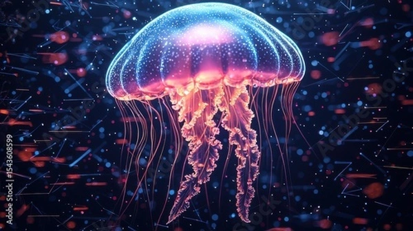 Fototapeta Jellyfish with glowing square and diamond patterns floating in deep blue water, dark navy background, simple shapes, minimalist design, mobile game graphics style, small fish in distance.