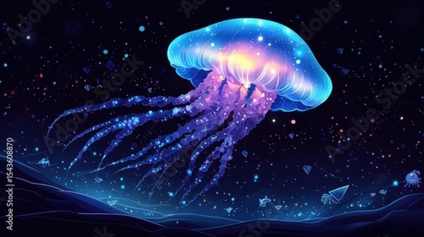 Fototapeta Jellyfish with glowing square and diamond patterns floating in deep blue water, dark navy background, simple shapes, minimalist design, mobile game graphics style, small fish in distance.
