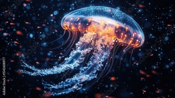 Fototapeta Jellyfish with glowing square and diamond patterns floating in deep blue water, dark navy background, simple shapes, minimalist design, mobile game graphics style, small fish in distance.