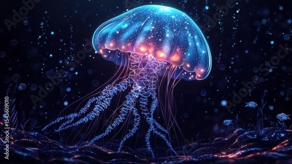 Fototapeta Jellyfish with glowing square and diamond patterns floating in deep blue water, dark navy background, simple shapes, minimalist design, mobile game graphics style, small fish in distance.