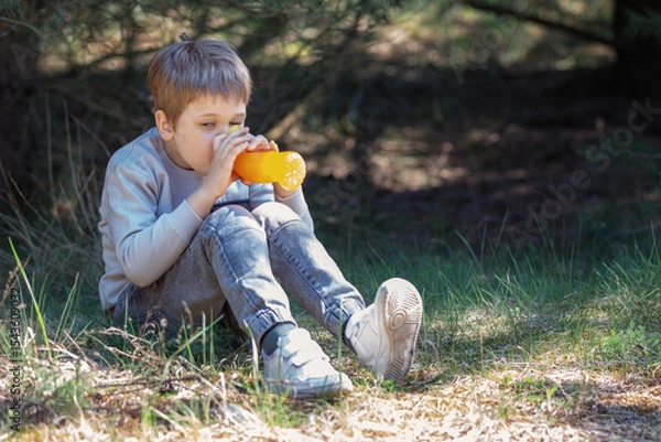 Obraz A little boy drinking juice on a hot summer day, in the forest, in the shade