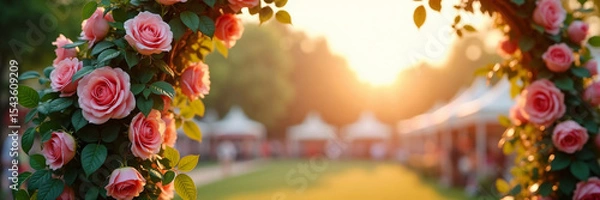 Fototapeta Rose festival showcasing blooming flowers in outdoor setting during golden hour with copy space