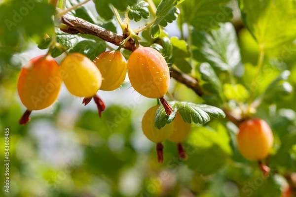 Obraz Fresh orange gooseberries Green berries close-up on a gooseberry branch Young gooseberries in the orchard on a shrub Gooseberries in the orchard.
