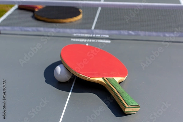 Obraz Composition on the grey tennis table, High angle view of red racket on table