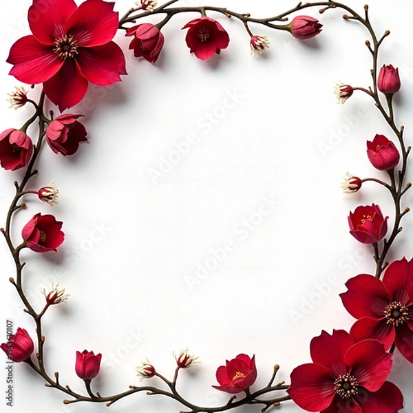 Obraz Floral frame in romantic style with deep red roses and ivy in white tones for invitations and celebrations [with copy space]