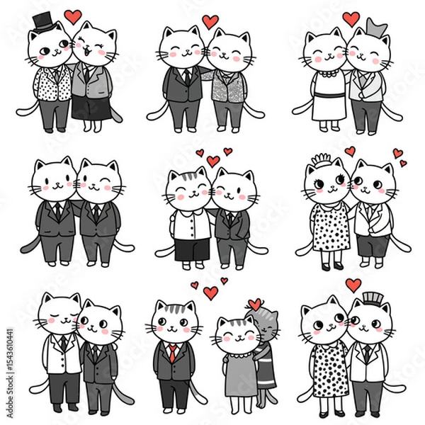 Fototapeta Elegant Cats in Love Collection Diverse Styles of Feline Couples with Hearts Celebrate Romance in Every Way