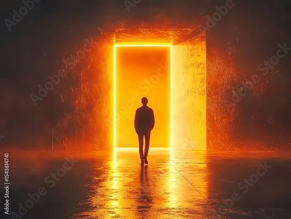 Fototapeta Silhouette of a person walking on a narrow path toward