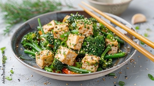 Fototapeta Stir fried tofu and greens dish