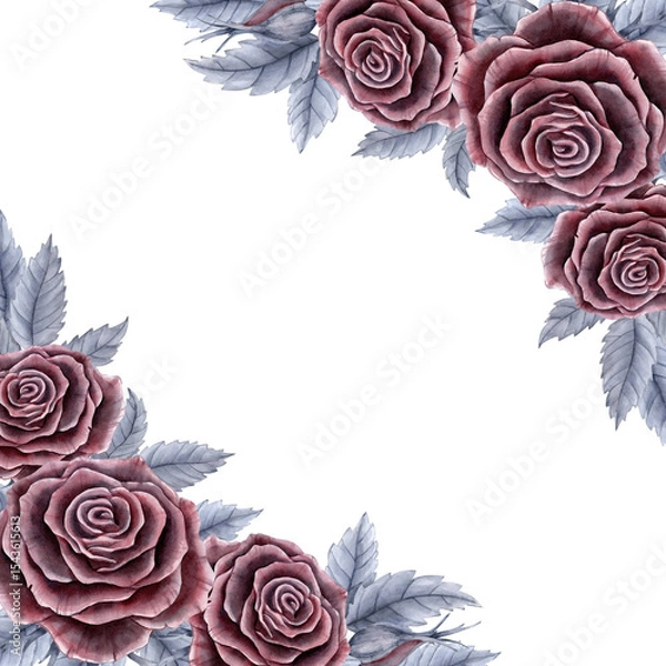 Fototapeta A square frame with red roses and grey leaves in the corners. Watercolor illustration for postcards, labels, printing, packaging.