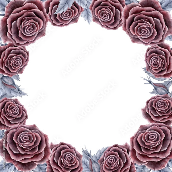 Fototapeta Square flower frame with red roses and gray leaves, painted in watercolor for postcards, prints, labels, covers.