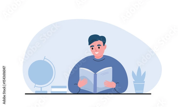 Fototapeta 
A student sits at a table with a book in class. The boy is reading. The learning process at school. Vector flat graphics.