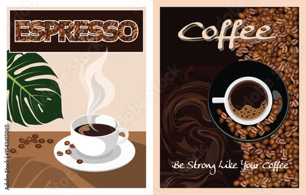 Fototapeta These two graphic illustrations capture the essence of coffee, with one design highlighting a fresh cup of espresso and the other emphasizing the rich abundance of coffee beans