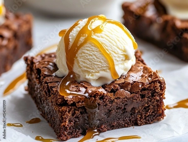 Obraz A close-up of a brownie topped with a scoop of vanilla ice cream and drizzled with caramel sauce