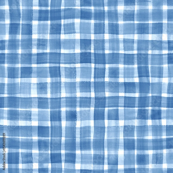 Obraz Watercolor stripe gingham seamless pattern. Navy teal blue color striped background