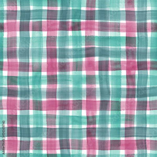 Obraz Watercolor stripe gingham seamless pattern. Navy blue, teal, red color striped background