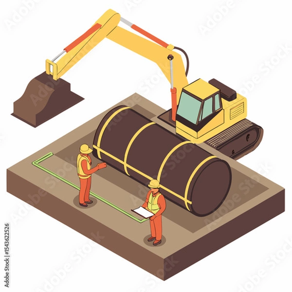 Fototapeta Construction workers installing an underground wastewater treatment tank with an excavator at a building site for environmental sanitation systems.