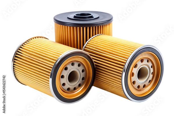 Fototapeta Three New Car Engine Oil Filters Close Up View Golden Yellow and Black Color Cylindrical Shape Isolated on White Background A I G E N E R A T E D - P N G isolated on a transparent background