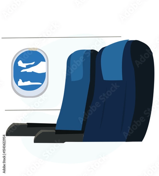 Fototapeta airplane seats and windows. of inside plane cabin with seat and porthole window with blue sky view. 