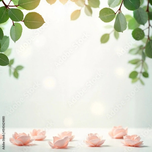 Obraz Soft botanical wreath of eucalyptus and pale pink roses in white tones for invitations and peaceful celebration themes [with copy space]