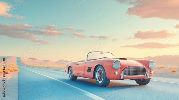 Fototapeta Classic Red Convertible on Desert Highway at Sunset