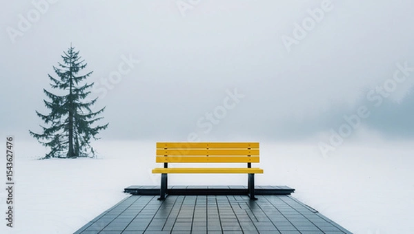 Obraz An empty wooden bench sits peacefully in a park, sometimes covered in snow, inviting relaxation outdoors