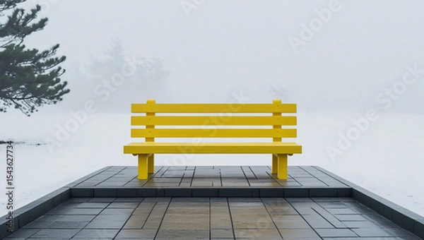 Obraz An empty wooden bench sits peacefully in a park, sometimes covered in snow, inviting relaxation outdoors