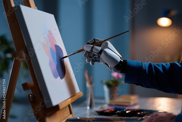 Obraz Robot arm creates abstract art on canvas in cozy studio setting