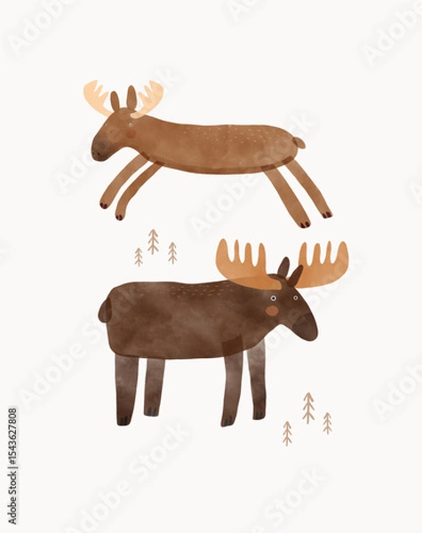 Obraz Nursery Vector Art with Cute Moos.Funny Hand Drawn Print with Cartoon of Moose on a White Background.Woodlan Animal.Infantile Drawing-like Funny Bucks.