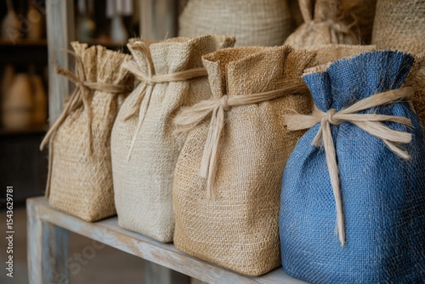 Obraz Burlap sacks displayed on a wooden shelf in a rustic shop