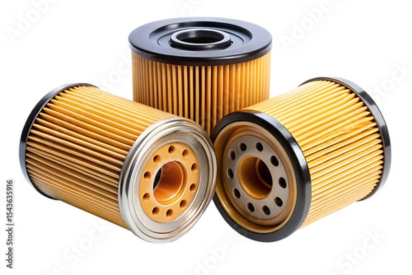 Fototapeta Three New Car Engine Oil Filters Close Up View Yellow and Black Cylindrical Auto Parts Isolated on White Background A I G E N E R A T E D - P N G isolated on a transparent background