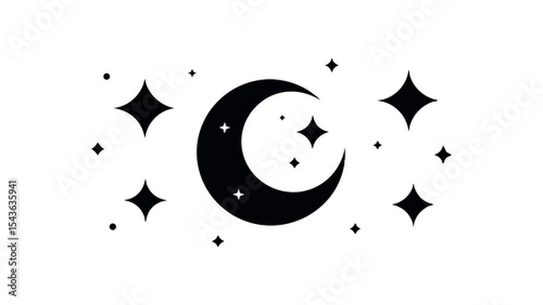 Fototapeta Celestial Night Crescent Moon and Sparkling Stars - Simple, Elegant Vector Illustration