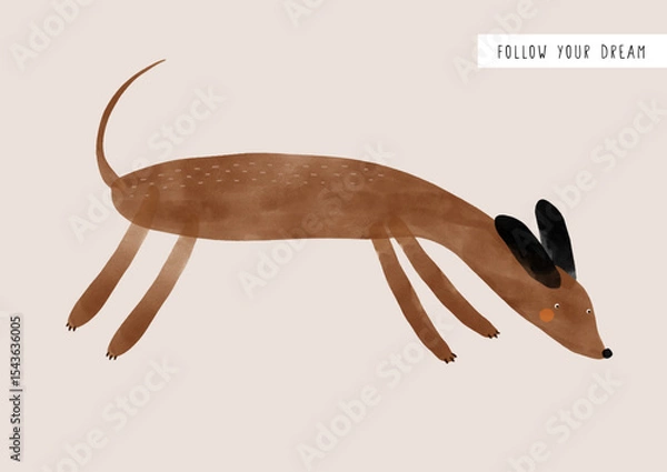 Obraz Vector Illustration Of Happy Brown Dog With Black Ears. Funny Dog Sniffing Around.  Lovely Hand Drawn Nursery Art with Sweet Puppy On A Beige Background.
