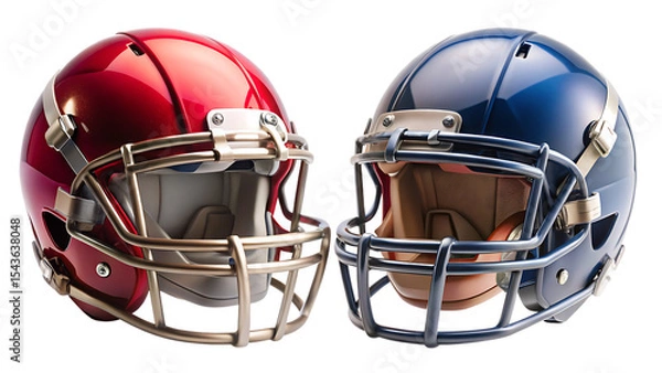 Fototapeta Two American Football Helmets Facing Each Other Red and Navy Blue Glossy Finish Gold Facemasks A I G E N E R A T E D - P N G isolated on a transparent background