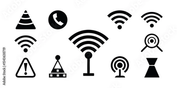 Fototapeta Silhouette set of communication icons including phone, antenna, and wifi symbols, ideal for digital media, internet, signal strength, and telecom visuals.