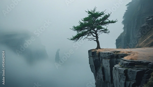 Obraz Solitary Pine Tree on a Misty Cliff Edge A Breathtaking Landscape Photography