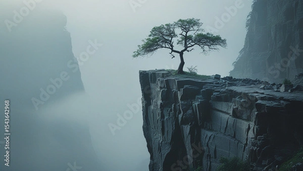 Obraz Solitary Pine Tree on a Misty Cliff Edge A Breathtaking Landscape Photography
