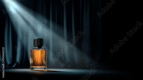 Fototapeta Elegant presentation of a perfume bottle on a stage illuminated by a spotlight.