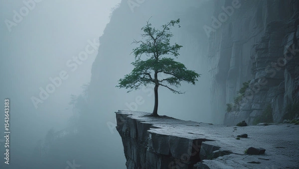 Obraz Solitary Pine Tree on a Misty Cliff Edge A Breathtaking Landscape Photography