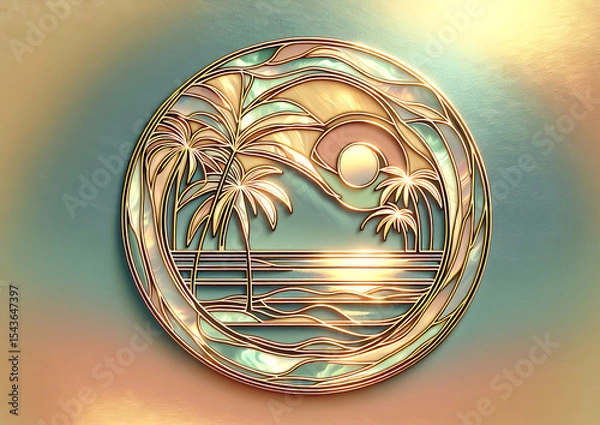 Obraz Rainbow pearlescent background with golden pattern of sunset on the coast with palm trees