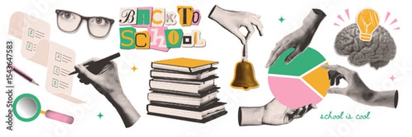 Fototapeta Back to School collage elements set on transparent background with halftone torn out stickers - stack of books, brain, hand writing, pencil and torn paper, evoking excitement for school. Vector