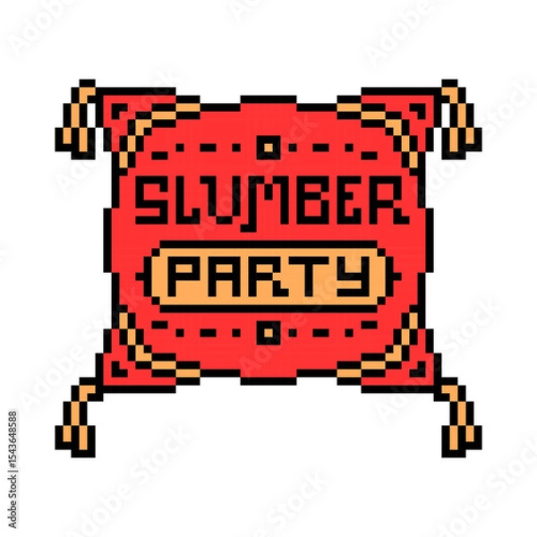 Fototapeta Vector pixel art illustration of a red square throw pillow with yellow tassels and slumber party text embroidery isolated on white background.